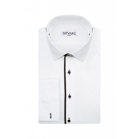 Men's Shirt With Cuffs And Collar, Dobby Shirt And Bow With Stones, In A Double Pattern, White Color Süvari