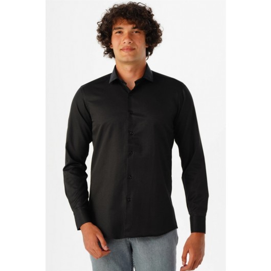 Black Süvari Double Pattern Slim Fit/Narrow Fit Work Shirt With Dobby Cuffs