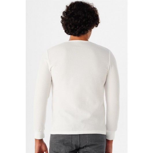 Süvari O Neck Long Sleeve White Waffle Patterned Slim Fit Men's Knitwear Sweater