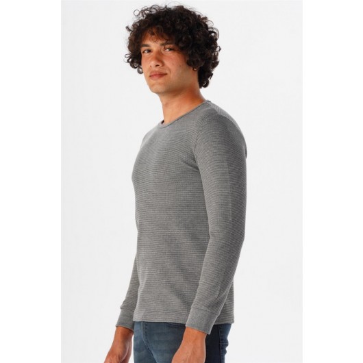 Süvari O Neck Long Sleeve Gray Waffle Patterned Slim Fit Men's Knitwear Sweater
