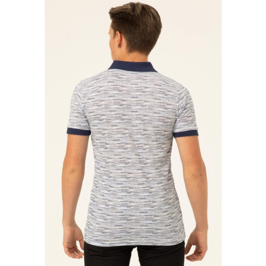 Süvari Polo Neck Slim Pattern Printed Blue T-Shirt