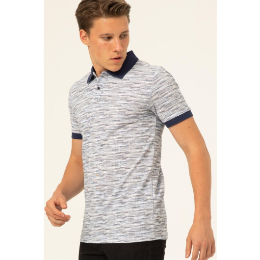 Süvari Polo Neck Slim Pattern Printed Blue T-Shirt