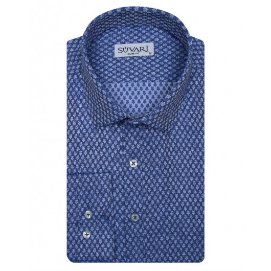 Süvari Slim Fit Patterned Blue Men's Shirt