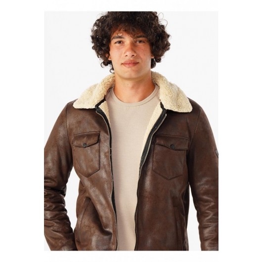 Süvari Slim Fit Shearling Faux Leather Brown Coat