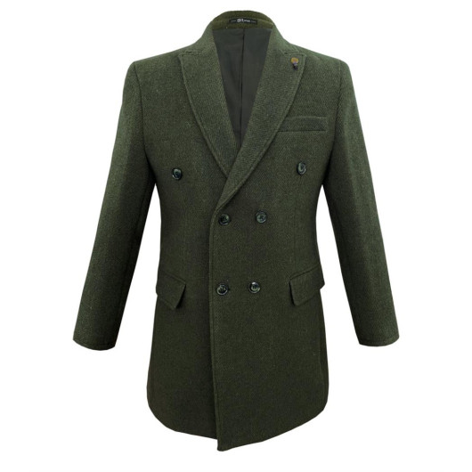 Süvari Slim Fit Double Breasted Green Woolen Coat