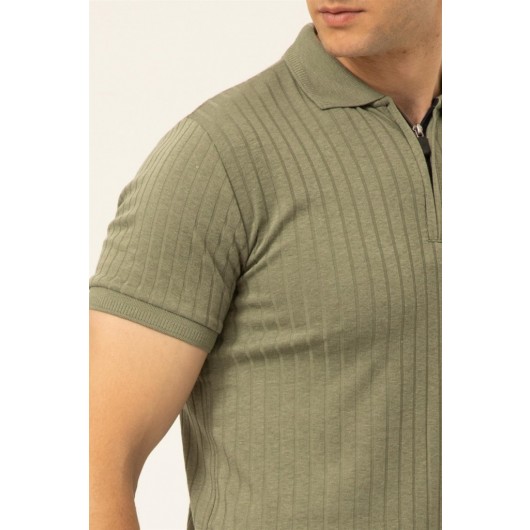 Süvari Slim Fit Polo Collar Derby Zipper Ribbed Khaki Green Men's T-Shirt