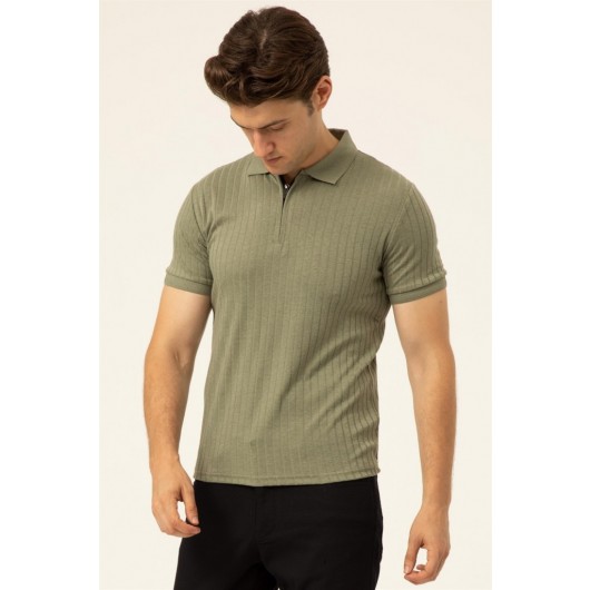 Süvari Slim Fit Polo Collar Derby Zipper Ribbed Khaki Green Men's T-Shirt