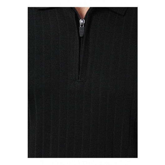 Süvari Slim Fit Polo Neck Derby Zipper Ribbed Black Men's T-Shirt