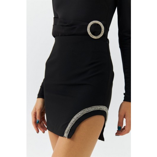 Stone Detailed Black Mini Skirt