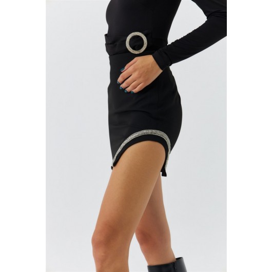 Stone Detailed Black Mini Skirt