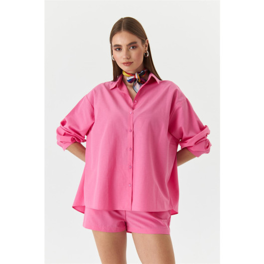 Long Sleeve Shirt Shorts Dark Pink Women's Suit