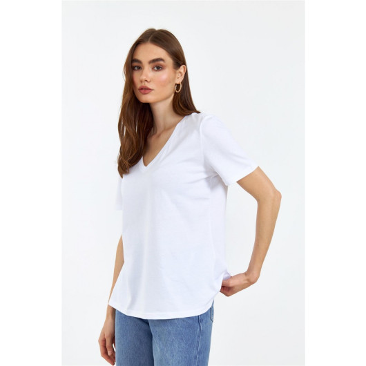 V Neck Short Sleeve White Women's T-Shirt