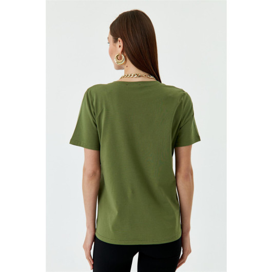 V Neck Short Sleeve Khaki Women's T-Shirt