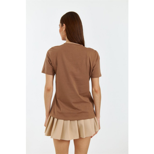 V-Neck Short Sleeve Brown Women's T-Shirt