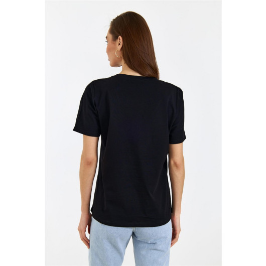 V-Neck Short Sleeve Black Women's T-Shirt