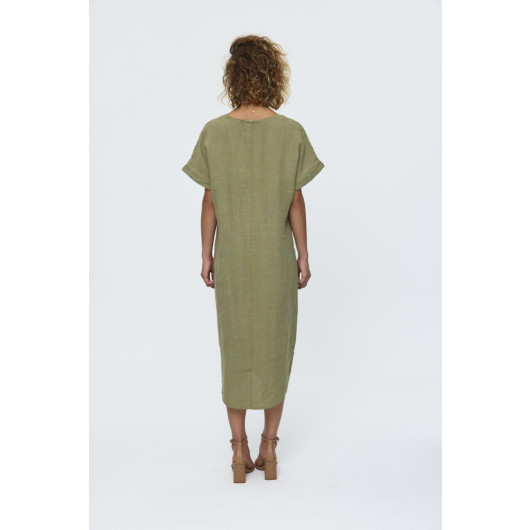 V-Neck Midi Linen Khaki Dress
