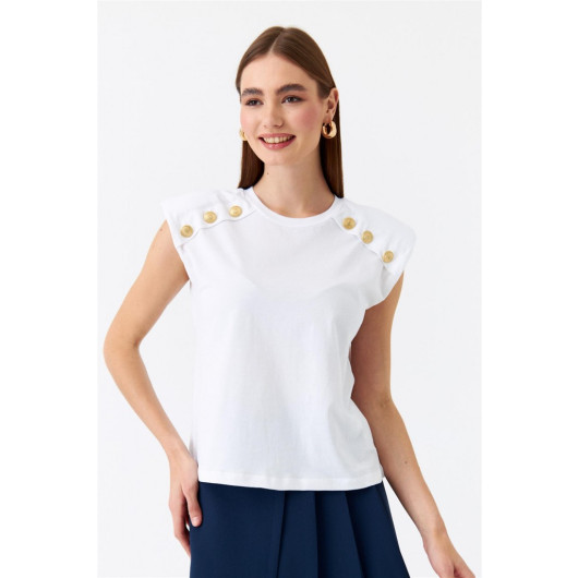 Padded Zero Cuff Button White Women's T-Shirt