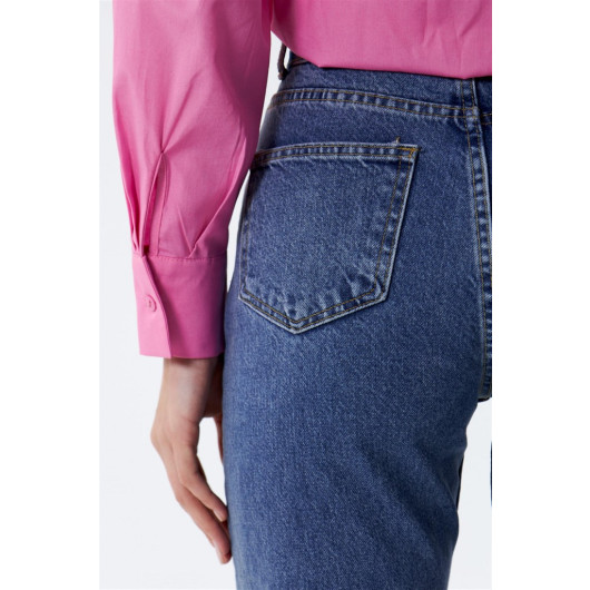 Ripped Detailed Straight Cut Blue Women's Mom Jeans