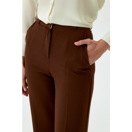 Slit Detailed Wide Leg Brown Women's Trousers