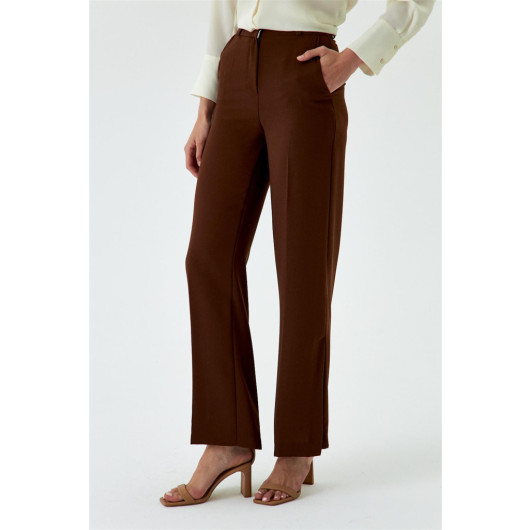 Slit Detailed Wide Leg Brown Women's Trousers