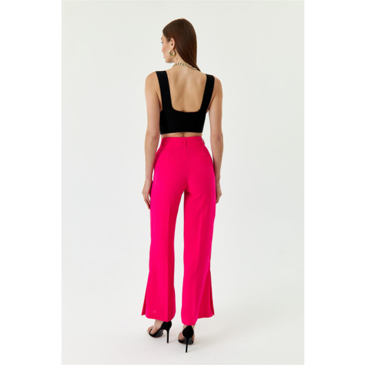 Slit Detailed Wide Leg Dark Pink Women's Trousers