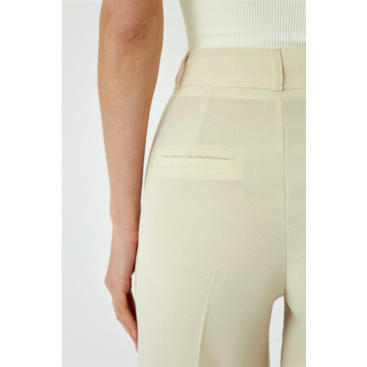 Slit Detailed Wide Leg Cream Women's Trousers