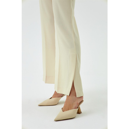 Slit Detailed Wide Leg Cream Women's Trousers