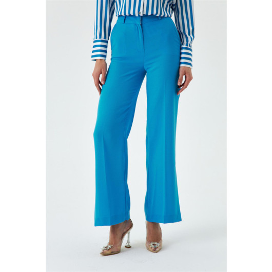 Slit Detailed Wide Leg Blue Women's Trousers