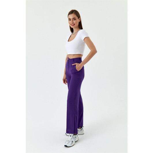 Slit Detailed Wide Leg Purple Women's Trousers