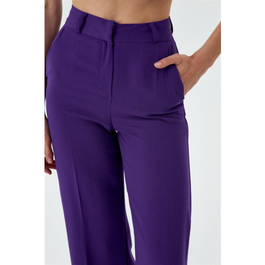 Slit Detailed Wide Leg Purple Women's Trousers