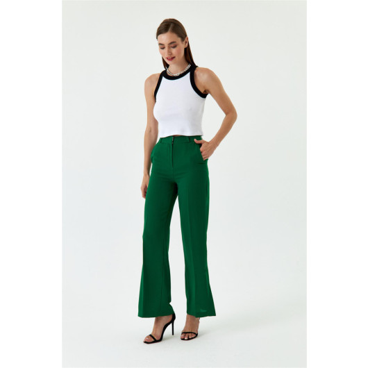 Slit Detailed Wide Leg Emerald Green Women's Trousers