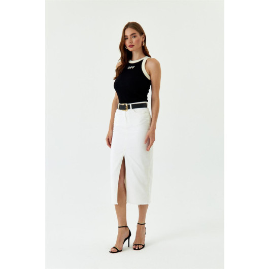 Slit Detailed Midi Length Denim White Skirt