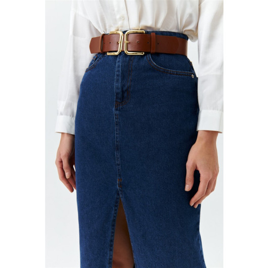 تنورة جينز نسائية متوسطة الطول بفتحة أمامية بلون أزرق غامق