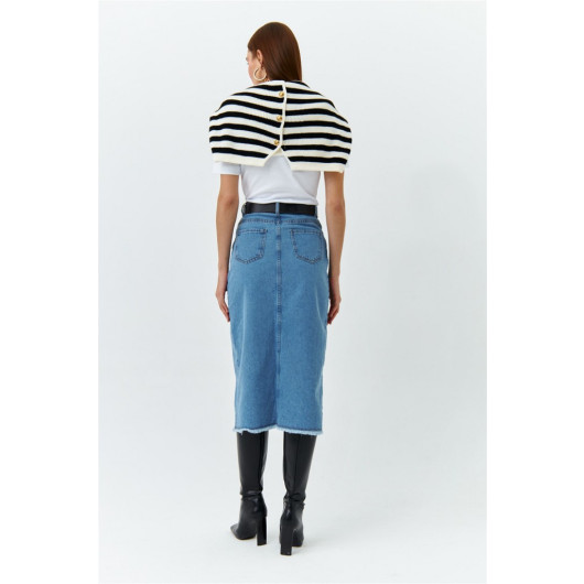 Slit Detailed Midi Length Blue Denim Skirt