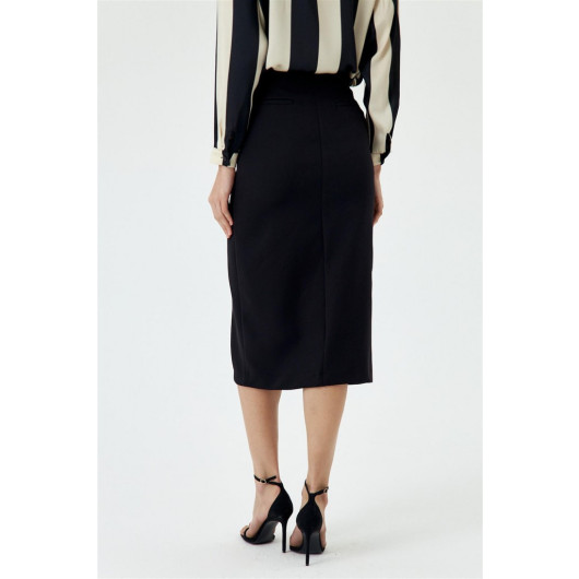 Straight Cut Black Midi Skirt With Slits