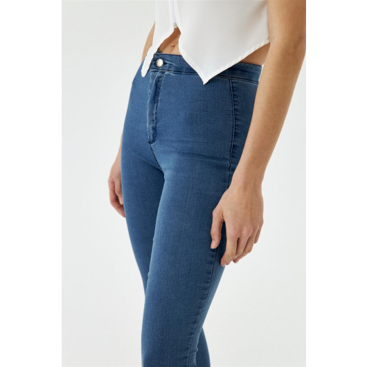 بنطال جينز نسائي بخصر عالي من الليكرا بلون أزرق
