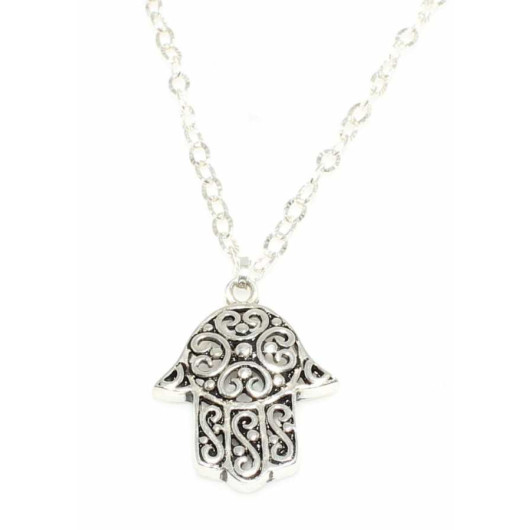 925 Sterling Silver Patterned Fatma Hand Model Necklace, Small