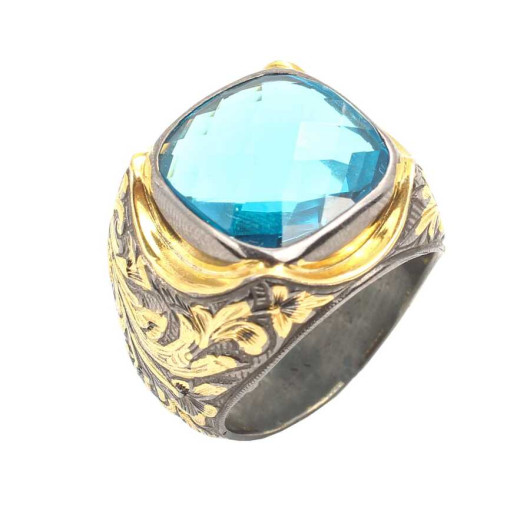 925 Sterling Silver Square Faceted Aquamarine Stone Men's Ring