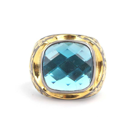 925 Sterling Silver Square Faceted Aquamarine Stone Men's Ring