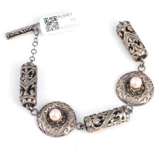 925 Sterling Silver Pink Pearl Stone Antique Bracelet