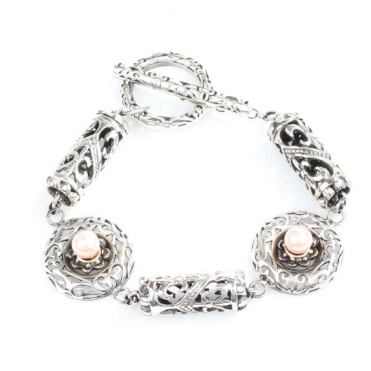 925 Sterling Silver Pink Pearl Stone Antique Bracelet