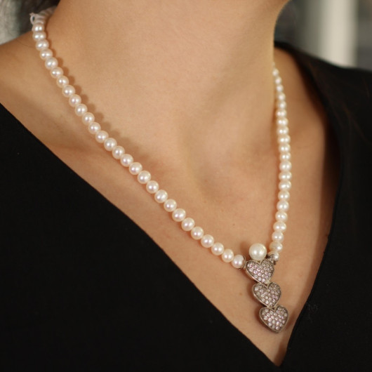 925 Sterling Silver Stone Heart Model Pearl Necklace