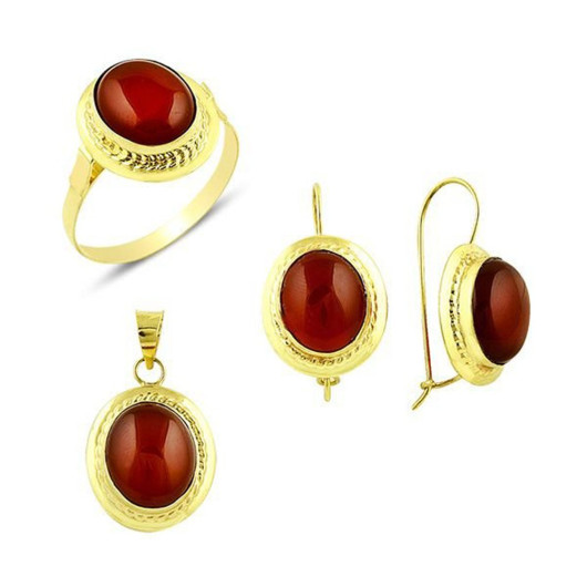 Triple Set Of 14 Karat Gold With Agate Stone 8.70 Grams