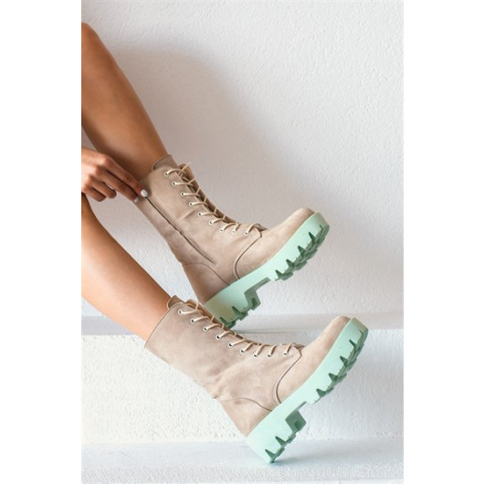 Avaley Nude Suede Lilac Green Tied Boots