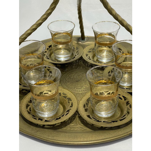 Product Name: 6 Pieces Tea Cup / Cup Set + 6 Small Tea Saucer + Large Copper Crate Engraved And Decorated With Antique Style / Copper Decoration