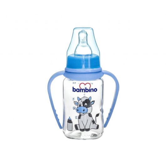 Bambino Handled Glass Baby Bottle Blue 125 Ml