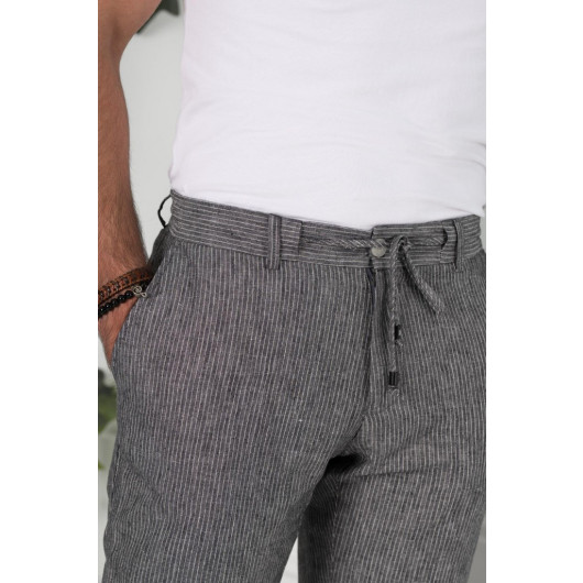 Regular Fit Linen Men's Jogger Trousers With Drawstring Waist