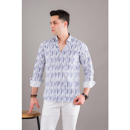 Bican Printed Striped Collar Button Slimfite Men's Shirt