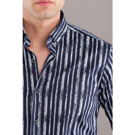 Bican Printed Striped Collar Button Slimfite Men's Shirt