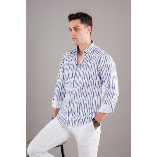 Bican Printed Striped Collar Button Slimfite Men's Shirt